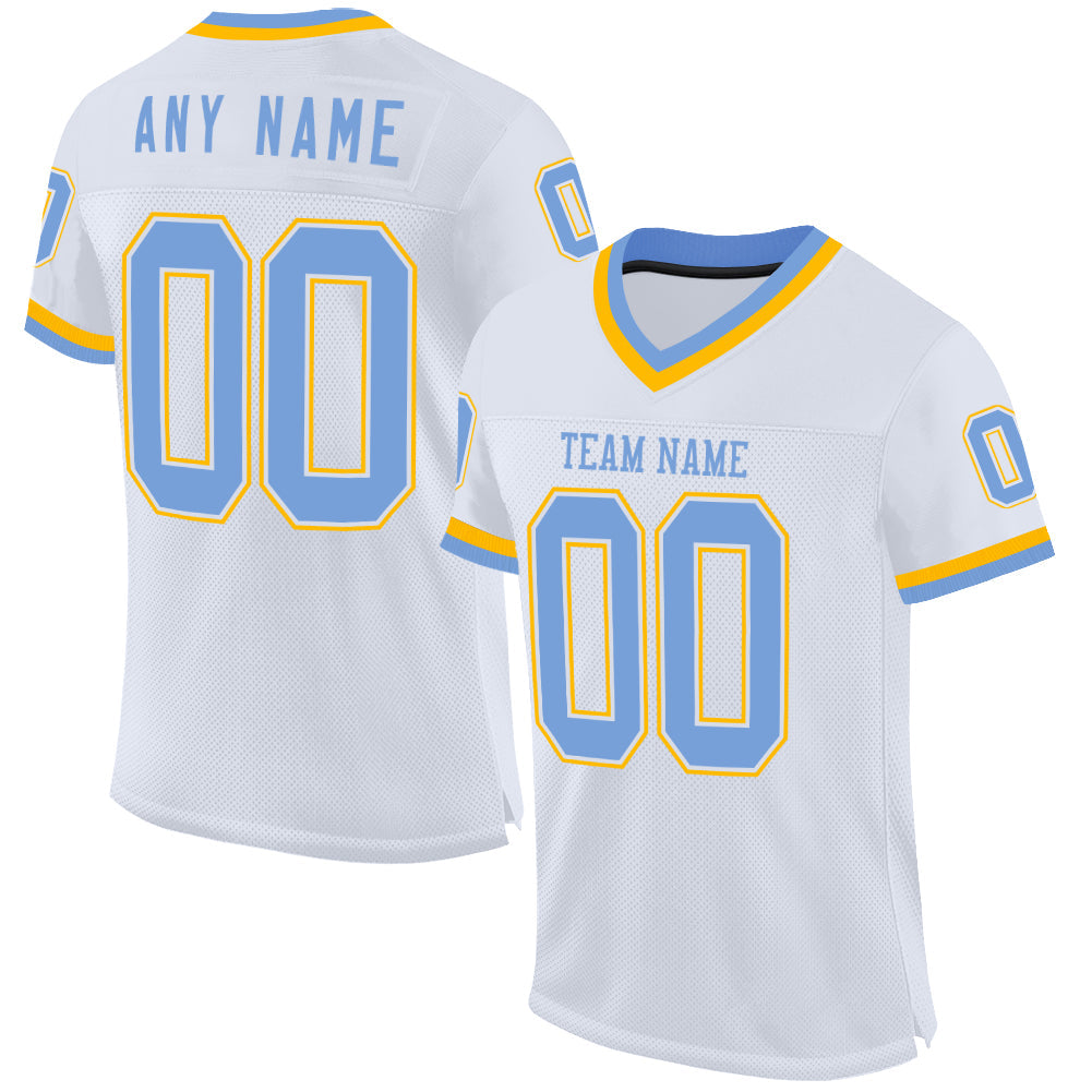 Custom White Light Blue-Gold Mesh Authentic Throwback Football Jersey - Main View