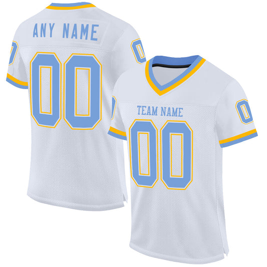 Custom White Light Blue-Gold Mesh Authentic Throwback Football Jersey - Main View