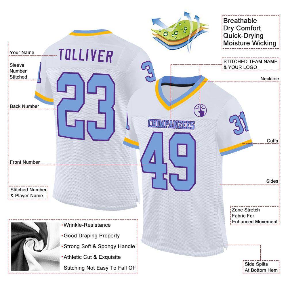 Custom White Light Blue Purple-Gold Mesh Authentic Throwback Football Jersey view 2