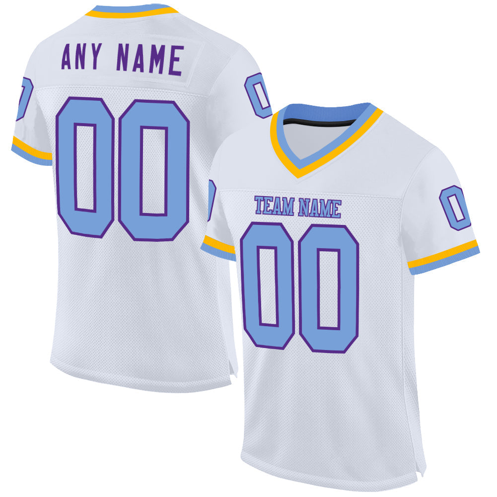 Custom White Light Blue Purple-Gold Mesh Authentic Throwback Football Jersey - Main View