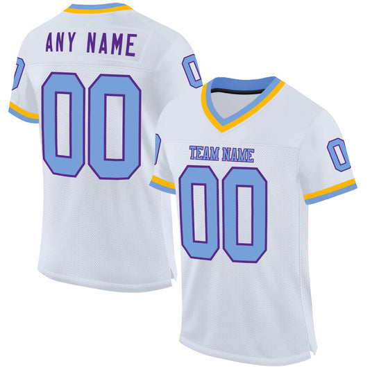 Custom White Light Blue Purple-Gold Mesh Authentic Throwback Football Jersey - Main View