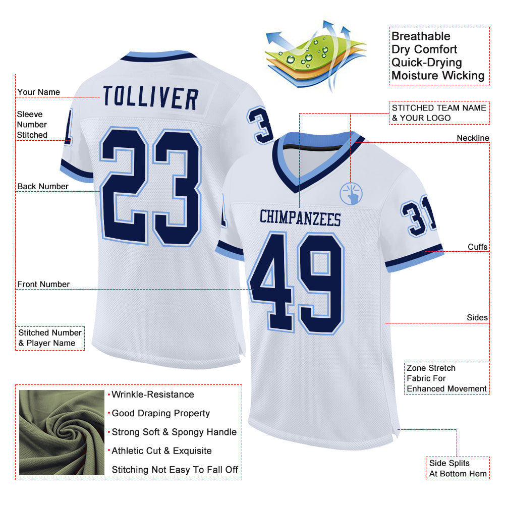 Custom White Navy-Light Blue Mesh Authentic Throwback Football Jersey view 2