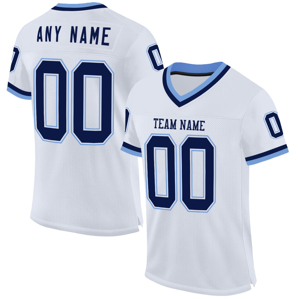 Custom White Navy-Light Blue Mesh Authentic Throwback Football Jersey - Main View