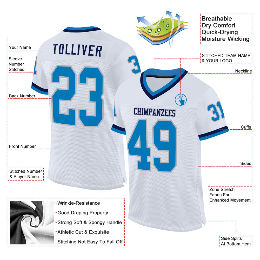 Custom White Blue Gray-Navy Mesh Authentic Throwback Football Jersey view 2