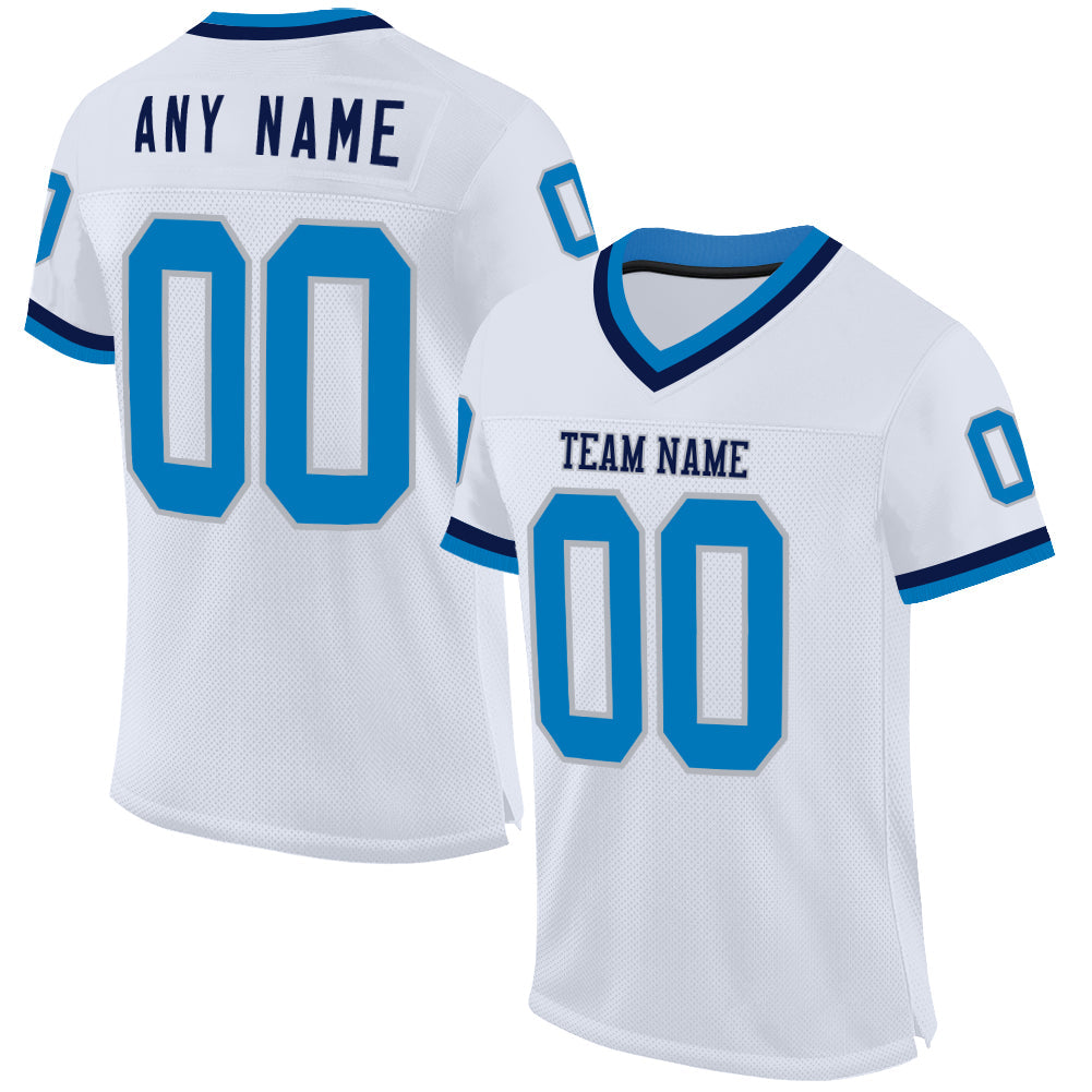 Custom White Blue Gray-Navy Mesh Authentic Throwback Football Jersey - Main View