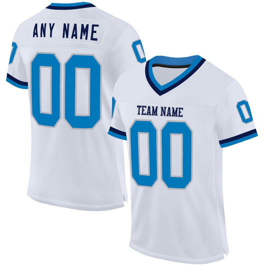 Custom White Blue Gray-Navy Mesh Authentic Throwback Football Jersey - Main View