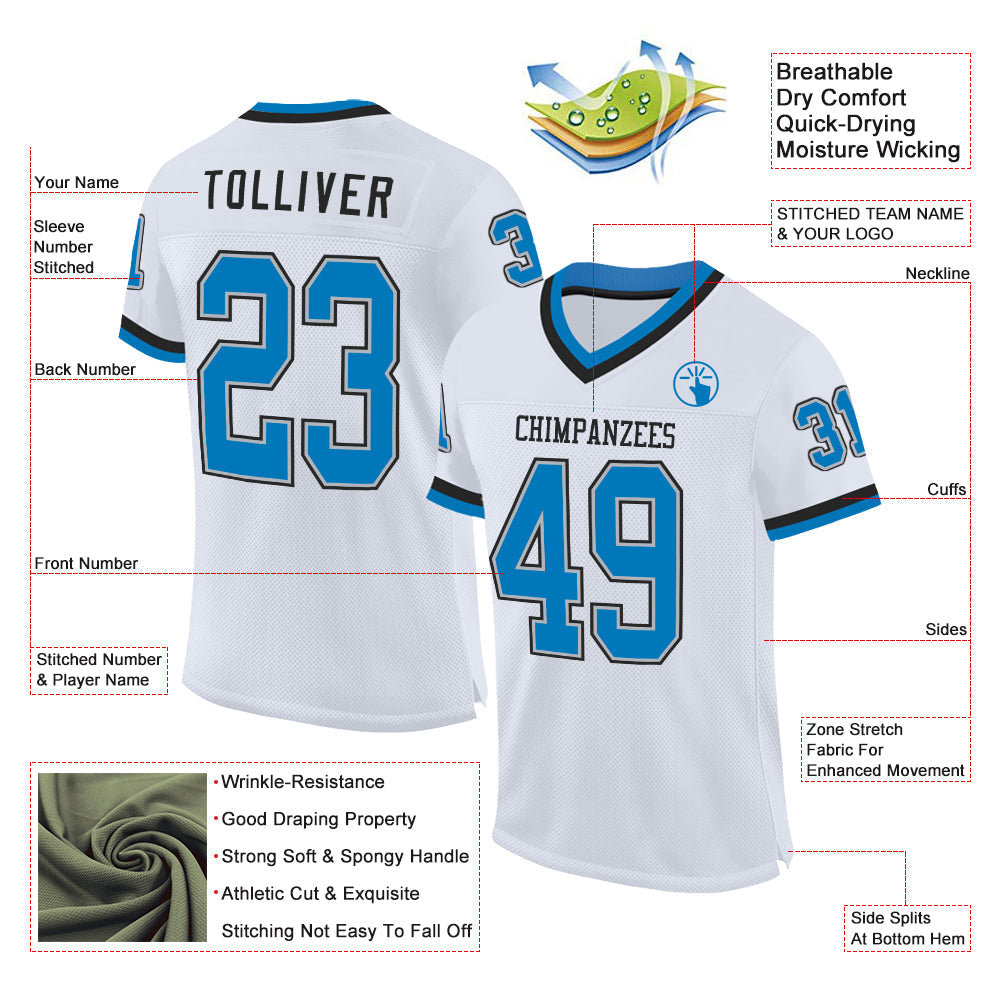 Custom White Blue Gray-Black Mesh Authentic Throwback Football Jersey view 2