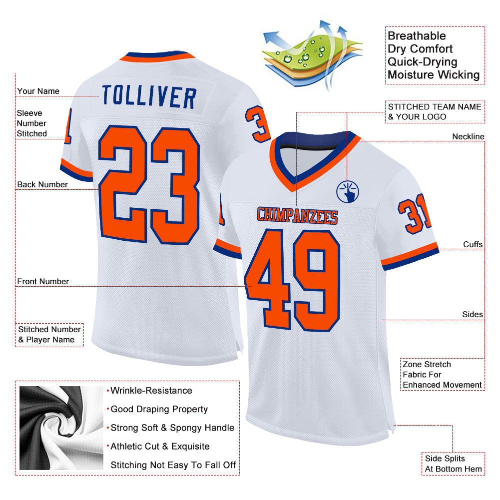 Custom White Orange-Royal Mesh Authentic Throwback Football Jersey view 2
