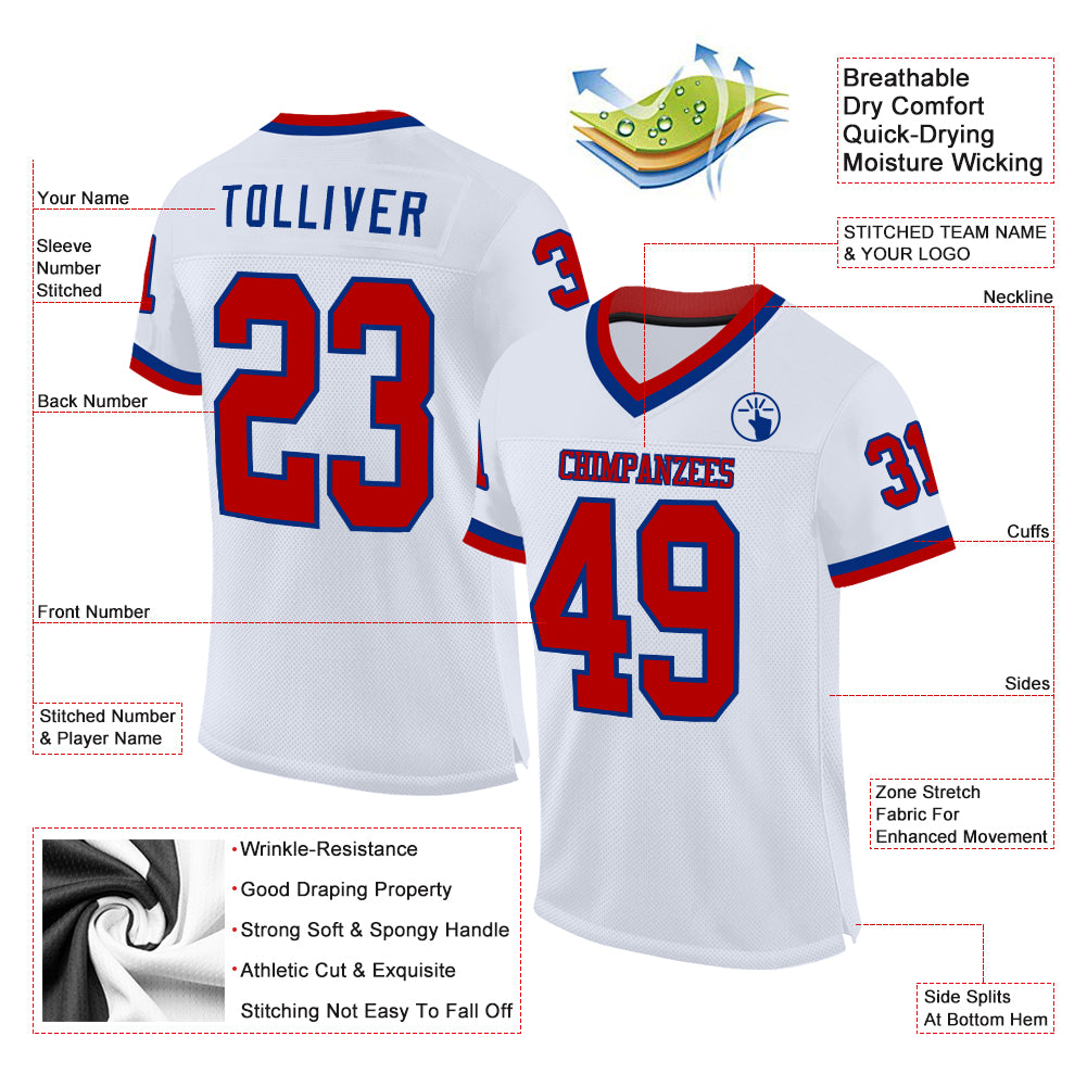 Custom White Red-Royal Mesh Authentic Throwback Football Jersey view 2