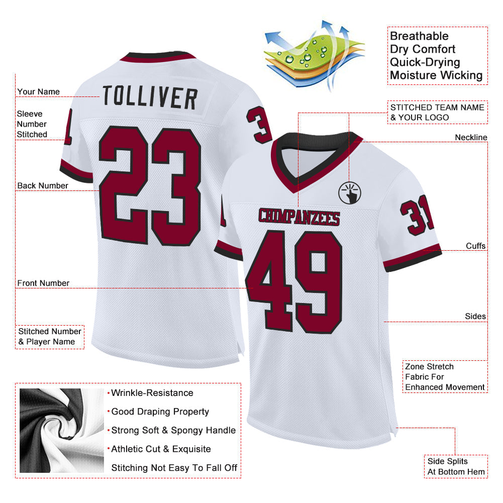 Custom White Maroon-Black Mesh Authentic Throwback Football Jersey view 2