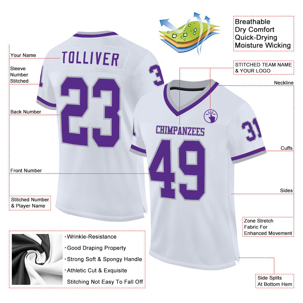Custom White Purple-Gray Mesh Authentic Throwback Football Jersey view 2
