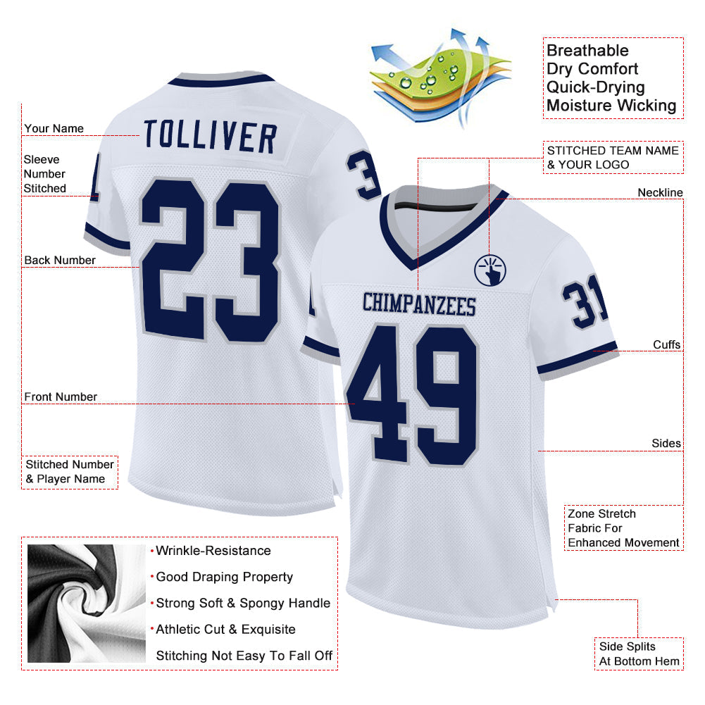 Custom White Navy-Gray Mesh Authentic Throwback Football Jersey view 2