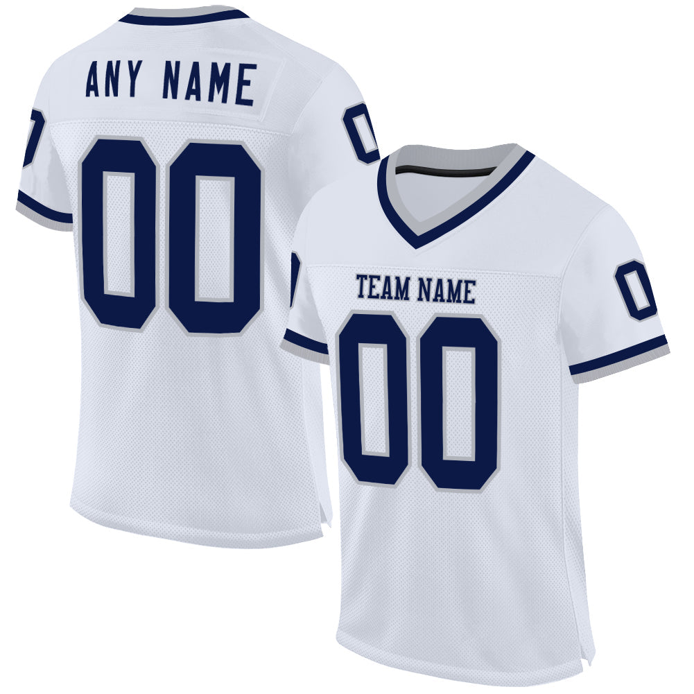 Custom White Navy-Gray Mesh Authentic Throwback Football Jersey - Main View