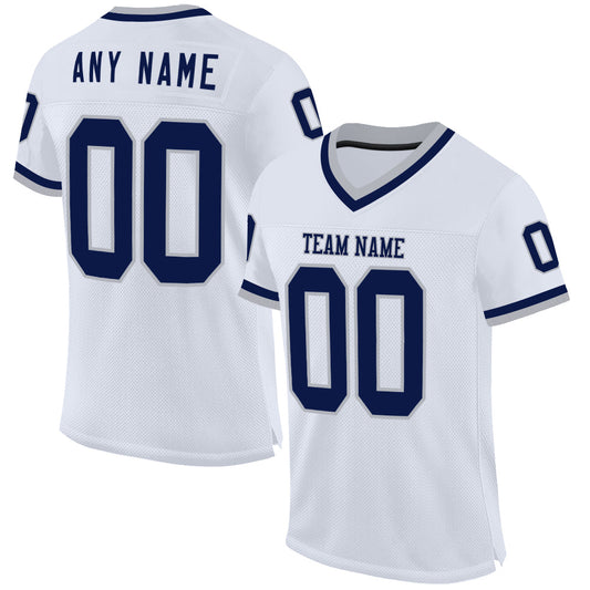 Custom White Navy-Gray Mesh Authentic Throwback Football Jersey - Main View