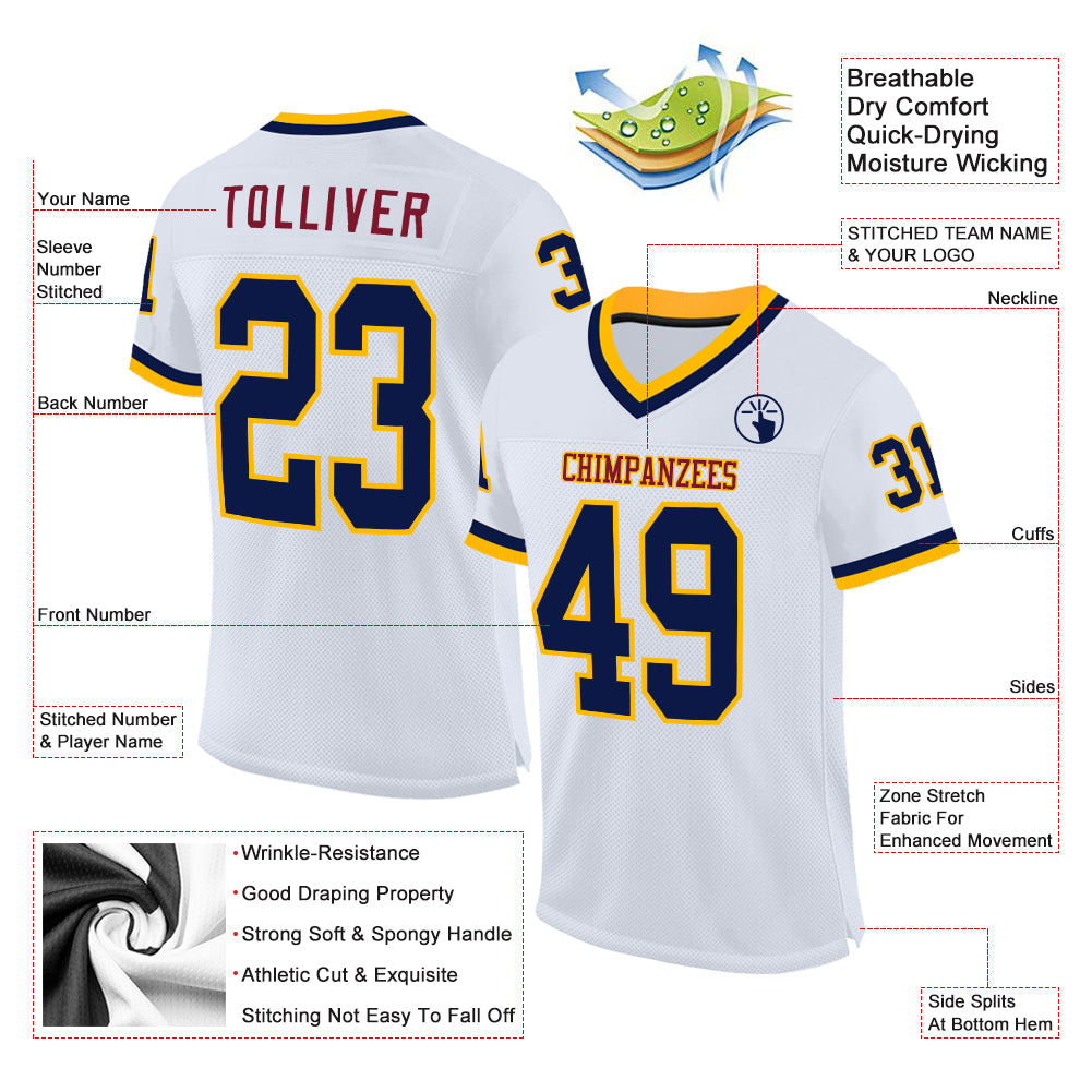 Custom White Navy Gold-Maroon Mesh Authentic Throwback Football Jersey view 2