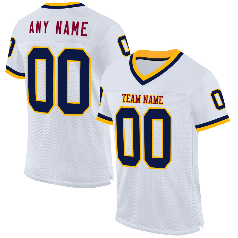 Custom White Navy Gold-Maroon Mesh Authentic Throwback Football Jersey - Main View