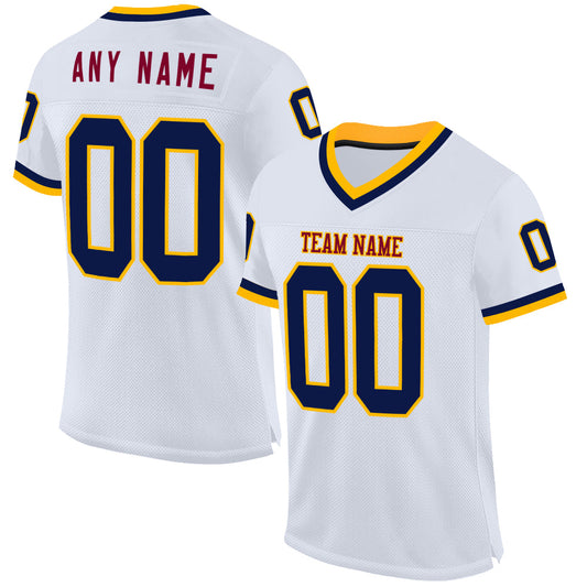 Custom White Navy Gold-Maroon Mesh Authentic Throwback Football Jersey - Main View