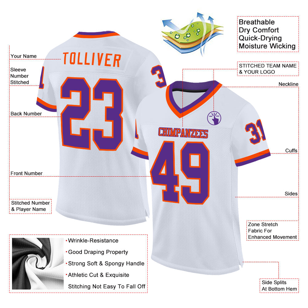 Custom White Purple-Orange Mesh Authentic Throwback Football Jersey view 2