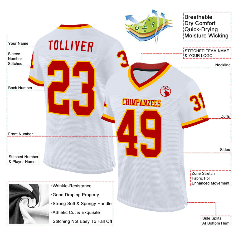 Custom White Red-Gold Mesh Authentic Throwback Football Jersey view 2