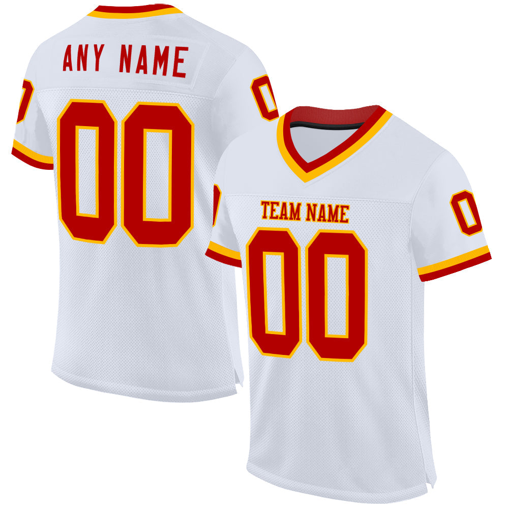 Custom White Red-Gold Mesh Authentic Throwback Football Jersey - Main View