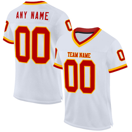 Custom White Red-Gold Mesh Authentic Throwback Football Jersey - Main View