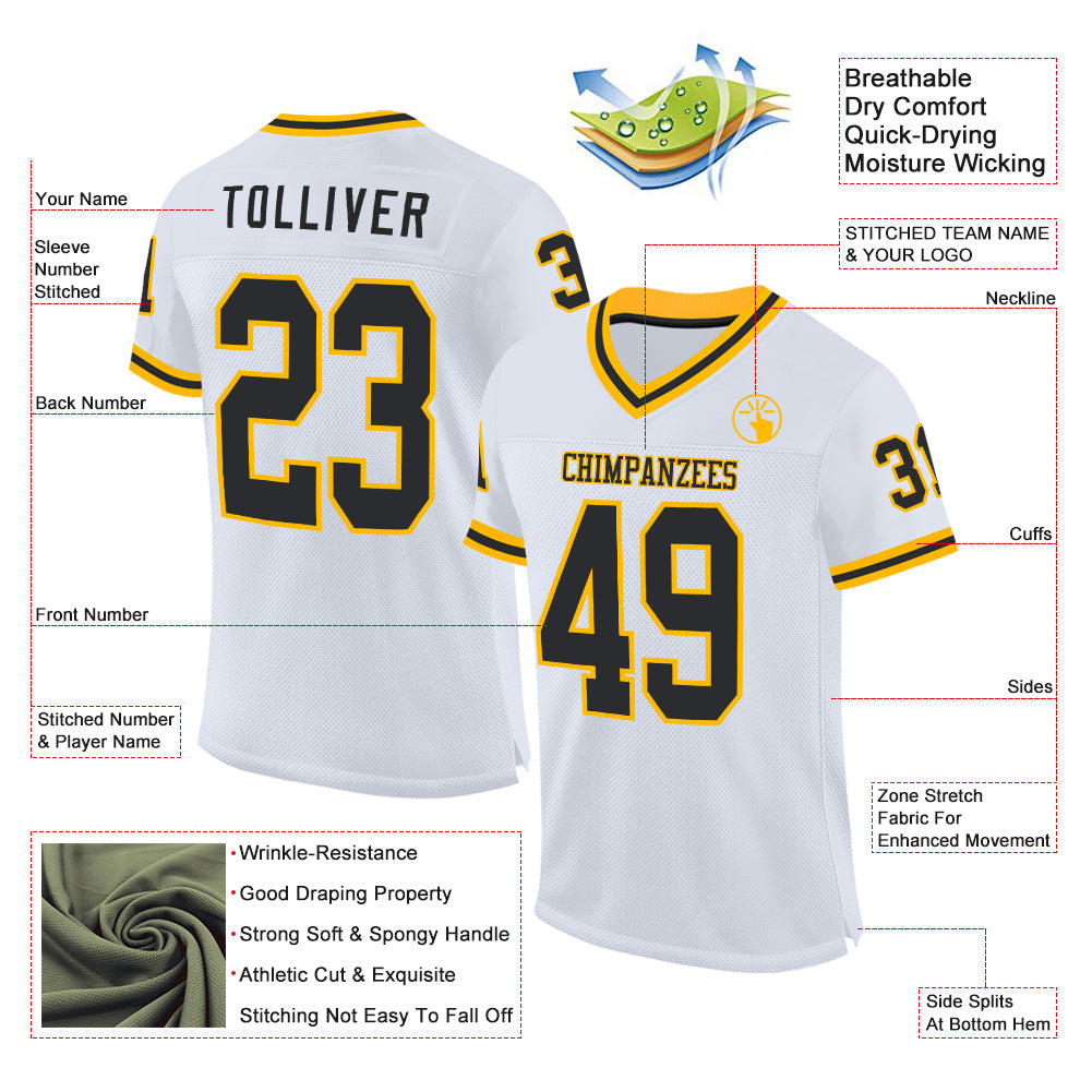 Custom White Black-Gold Mesh Authentic Throwback Football Jersey view 2