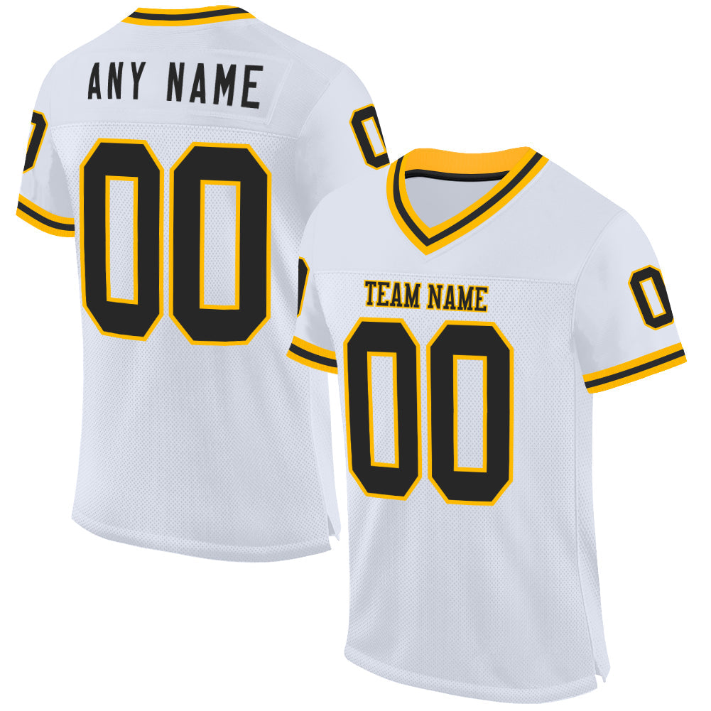 Custom White Black-Gold Mesh Authentic Throwback Football Jersey - Main View