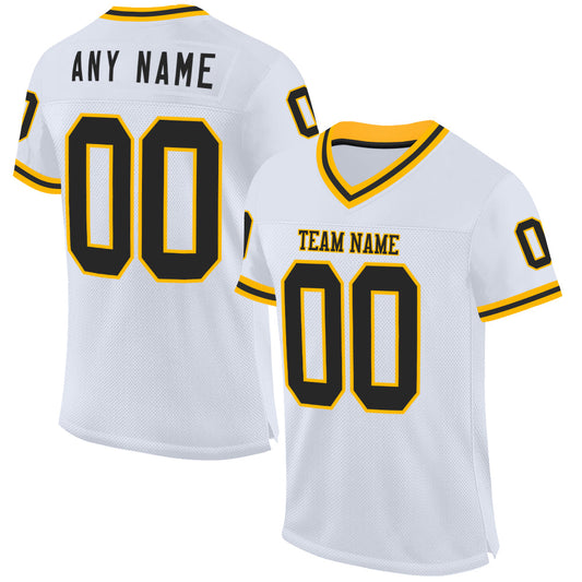 Custom White Black-Gold Mesh Authentic Throwback Football Jersey - Main View
