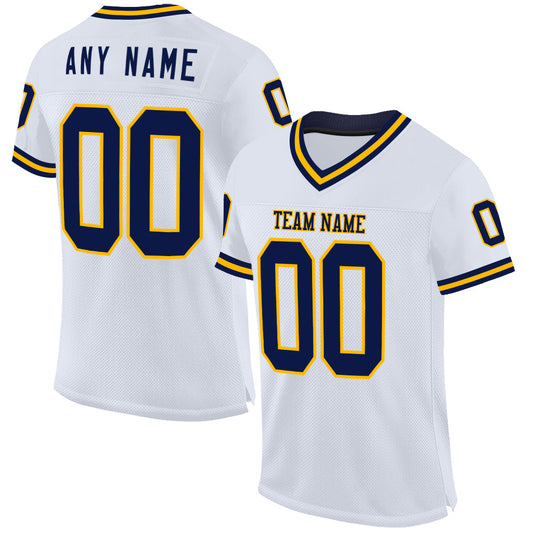 Custom White Navy-Gold Mesh Authentic Throwback Football Jersey - Main View