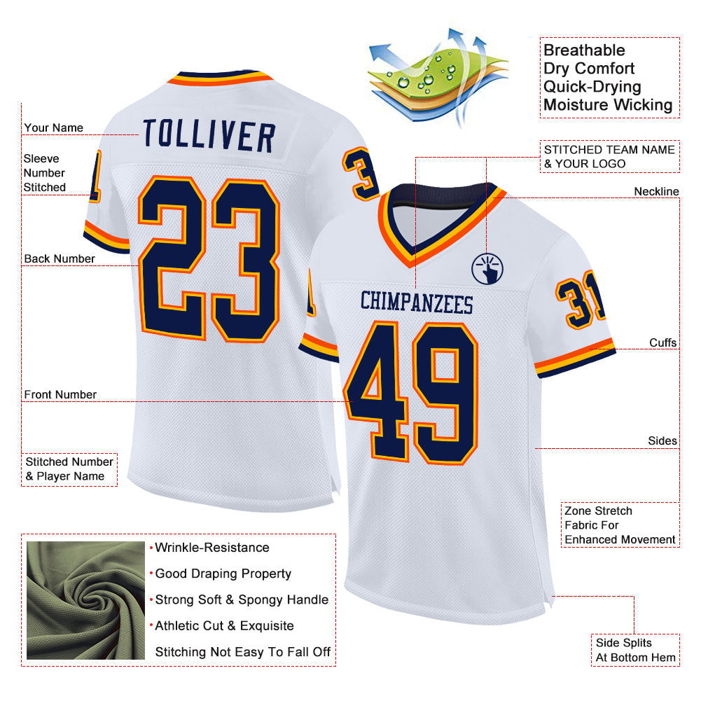Custom White Navy Gold-Orange Mesh Authentic Throwback Football Jersey view 2
