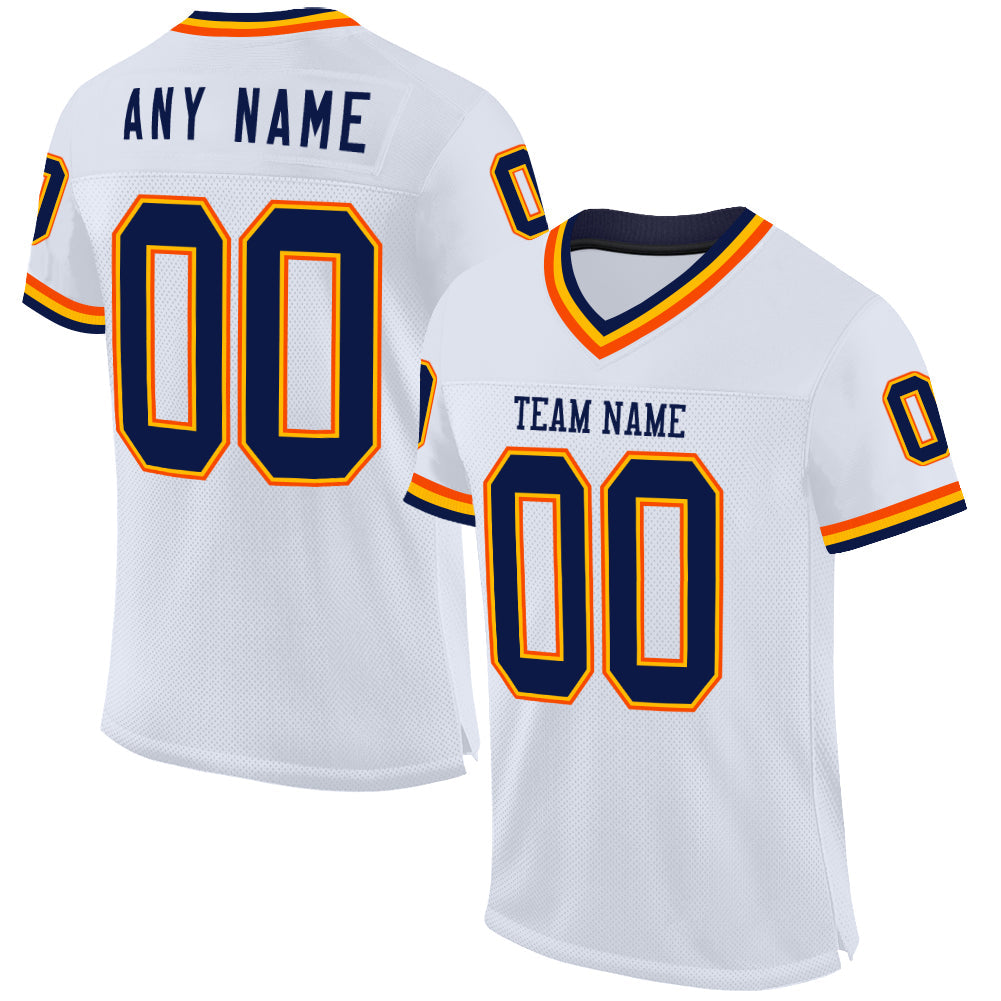 Custom White Navy Gold-Orange Mesh Authentic Throwback Football Jersey - Main View