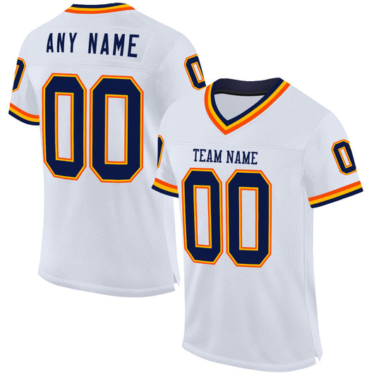Custom White Navy Gold-Orange Mesh Authentic Throwback Football Jersey - Main View