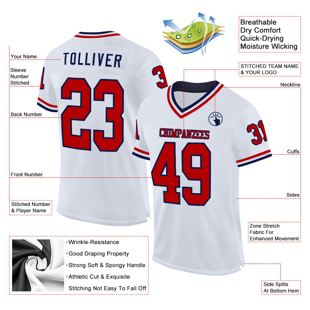 Custom White Red-Navy Mesh Authentic Throwback Football Jersey view 2