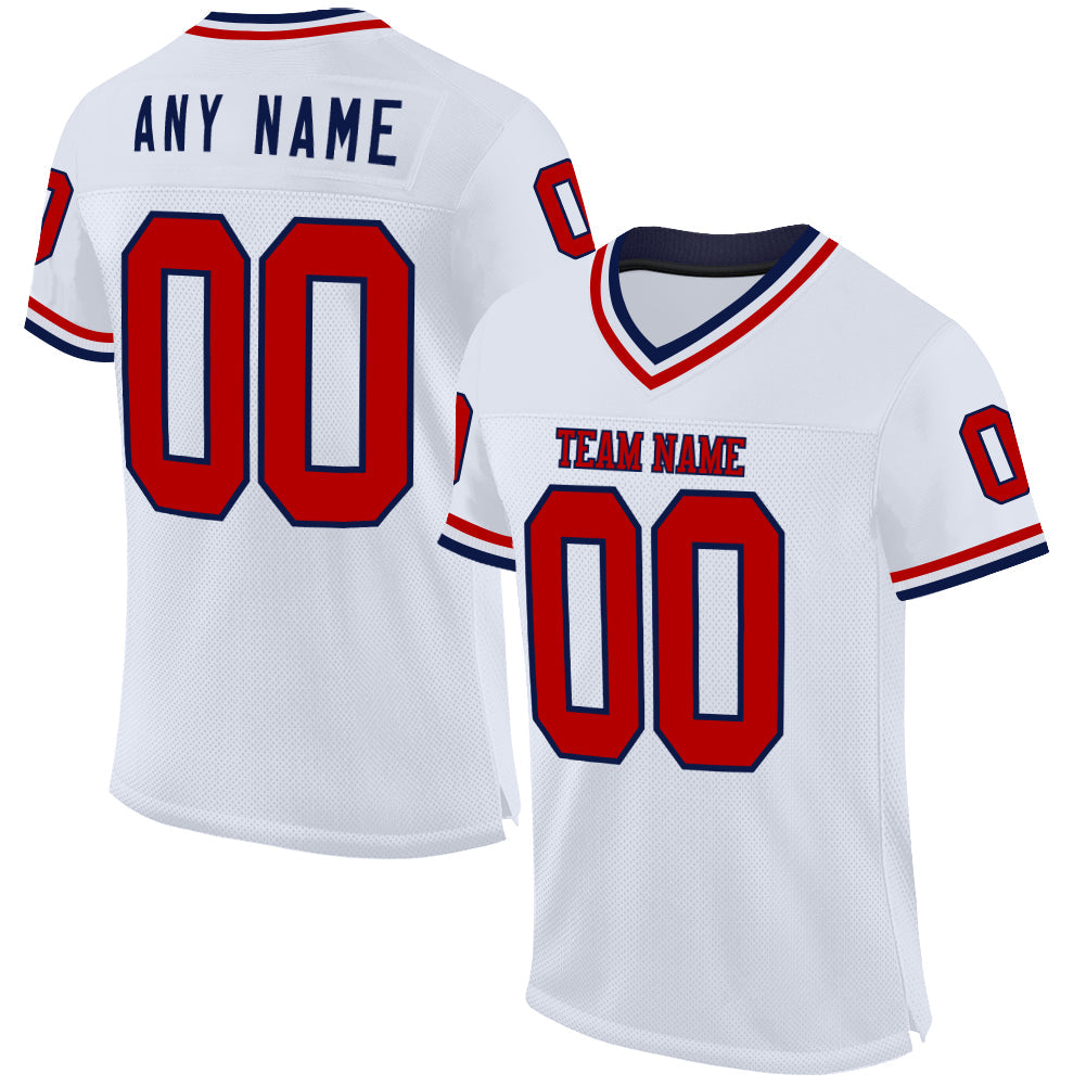 Custom White Red-Navy Mesh Authentic Throwback Football Jersey - Main View