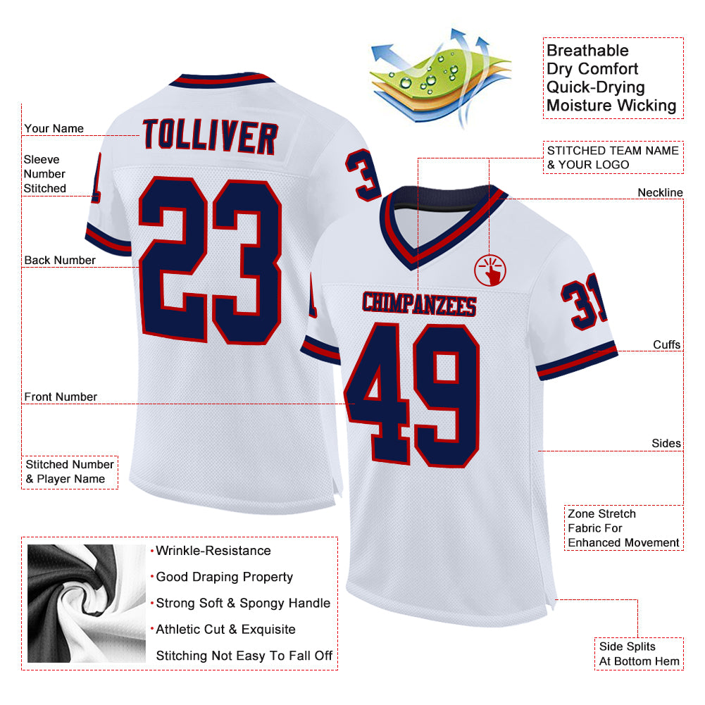 Custom White Navy-Red Mesh Authentic Throwback Football Jersey view 2