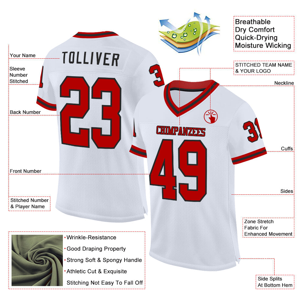 Custom White Red-Black Mesh Authentic Throwback Football Jersey view 2