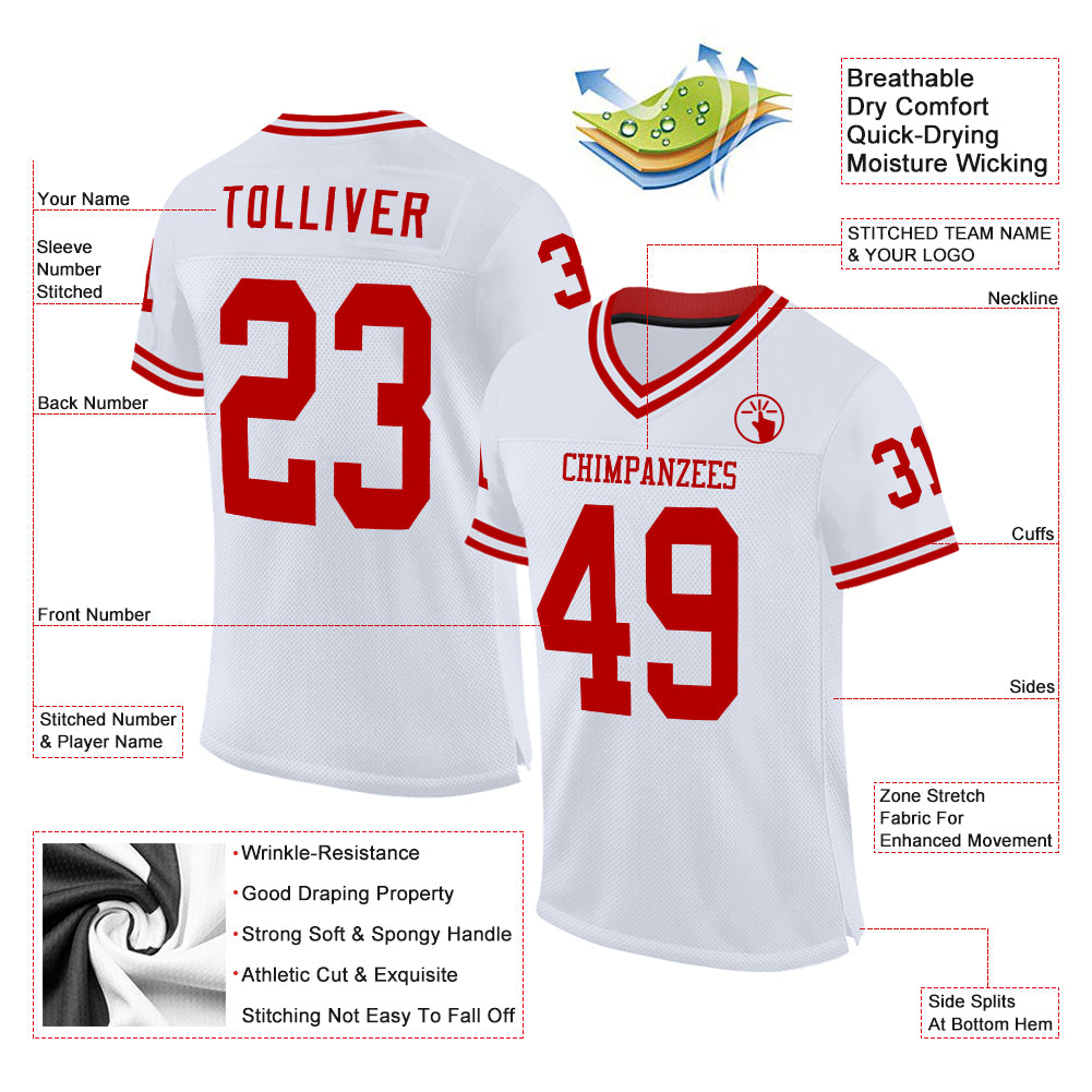 Custom White Red Mesh Authentic Throwback Football Jersey view 2