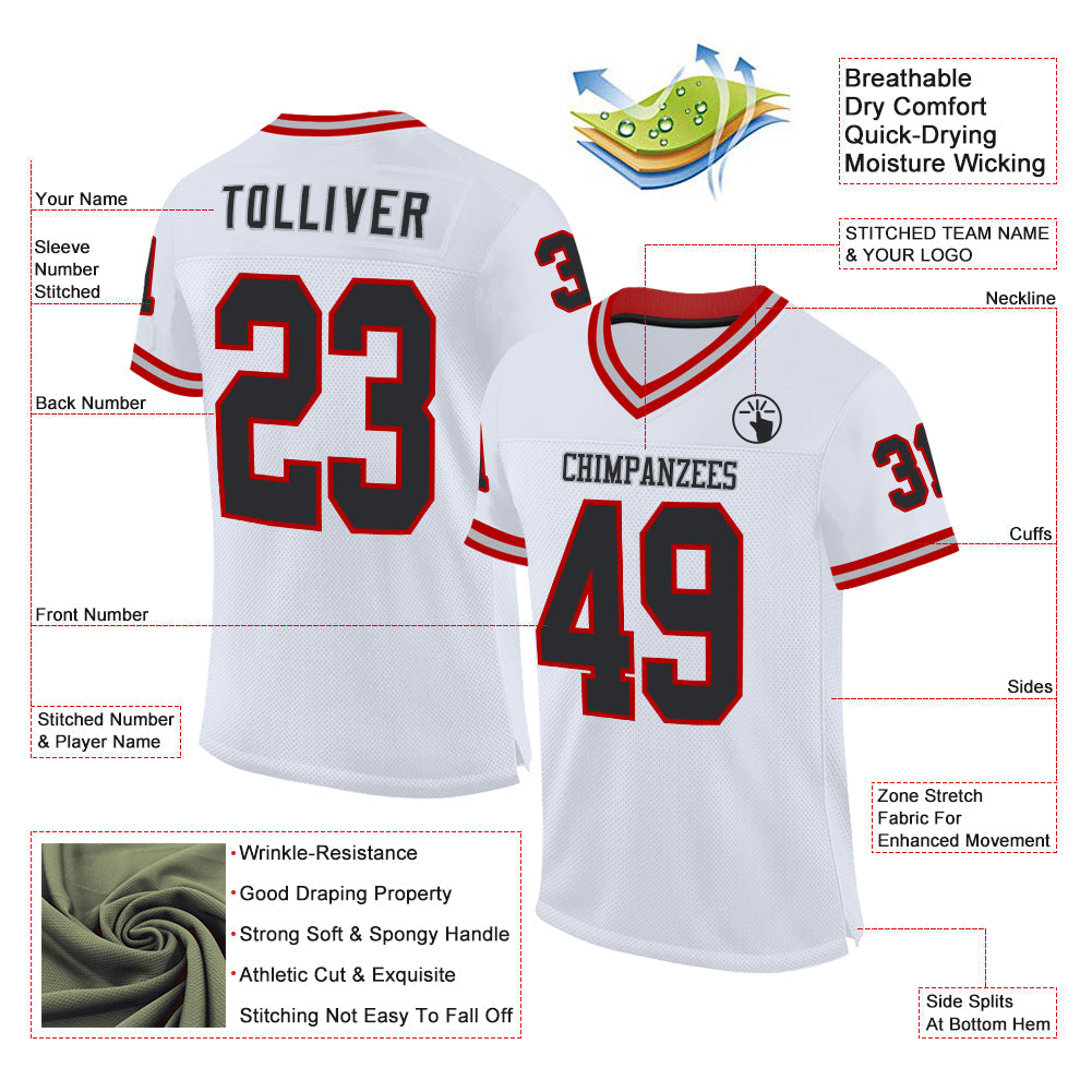 Custom White Black Red-Gray Mesh Authentic Throwback Football Jersey view 2