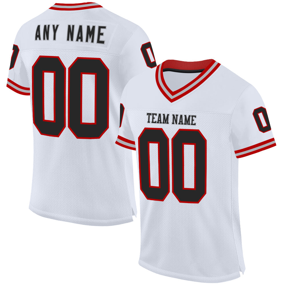 Custom White Black Red-Gray Mesh Authentic Throwback Football Jersey - Main View