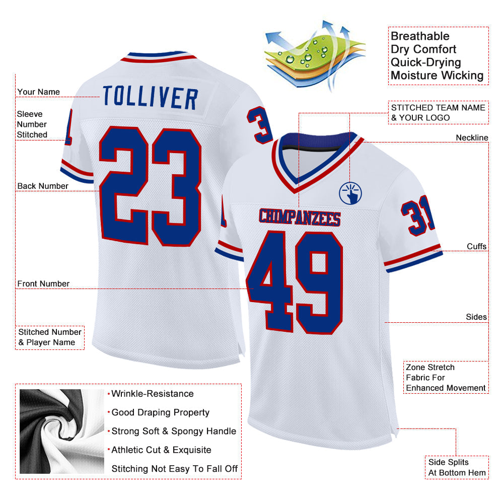 Custom White Royal-Red Mesh Authentic Throwback Football Jersey view 2
