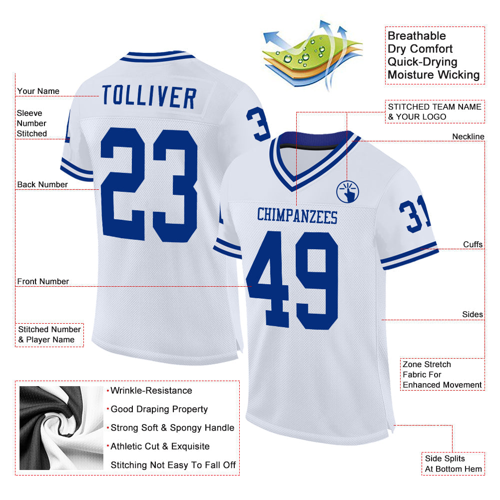Custom White Royal Mesh Authentic Throwback Football Jersey view 2