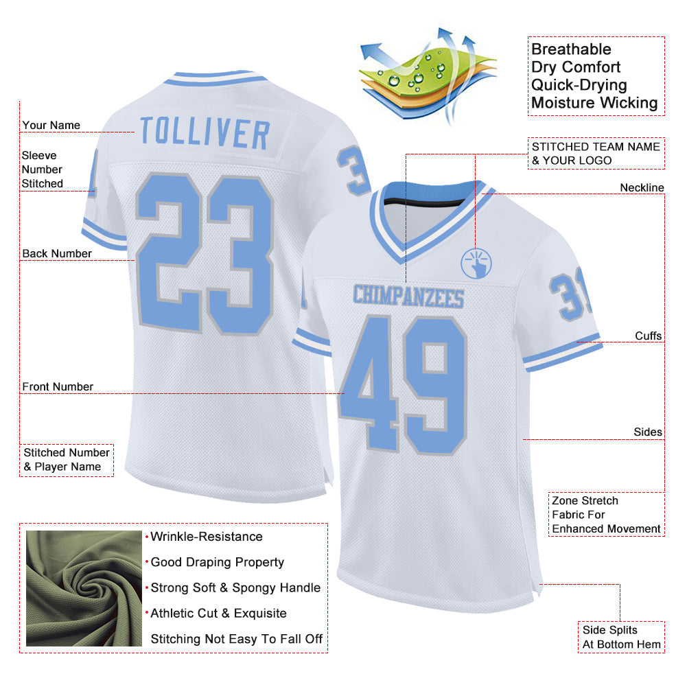 Custom White Light Blue-Gray Mesh Authentic Throwback Football Jersey view 2