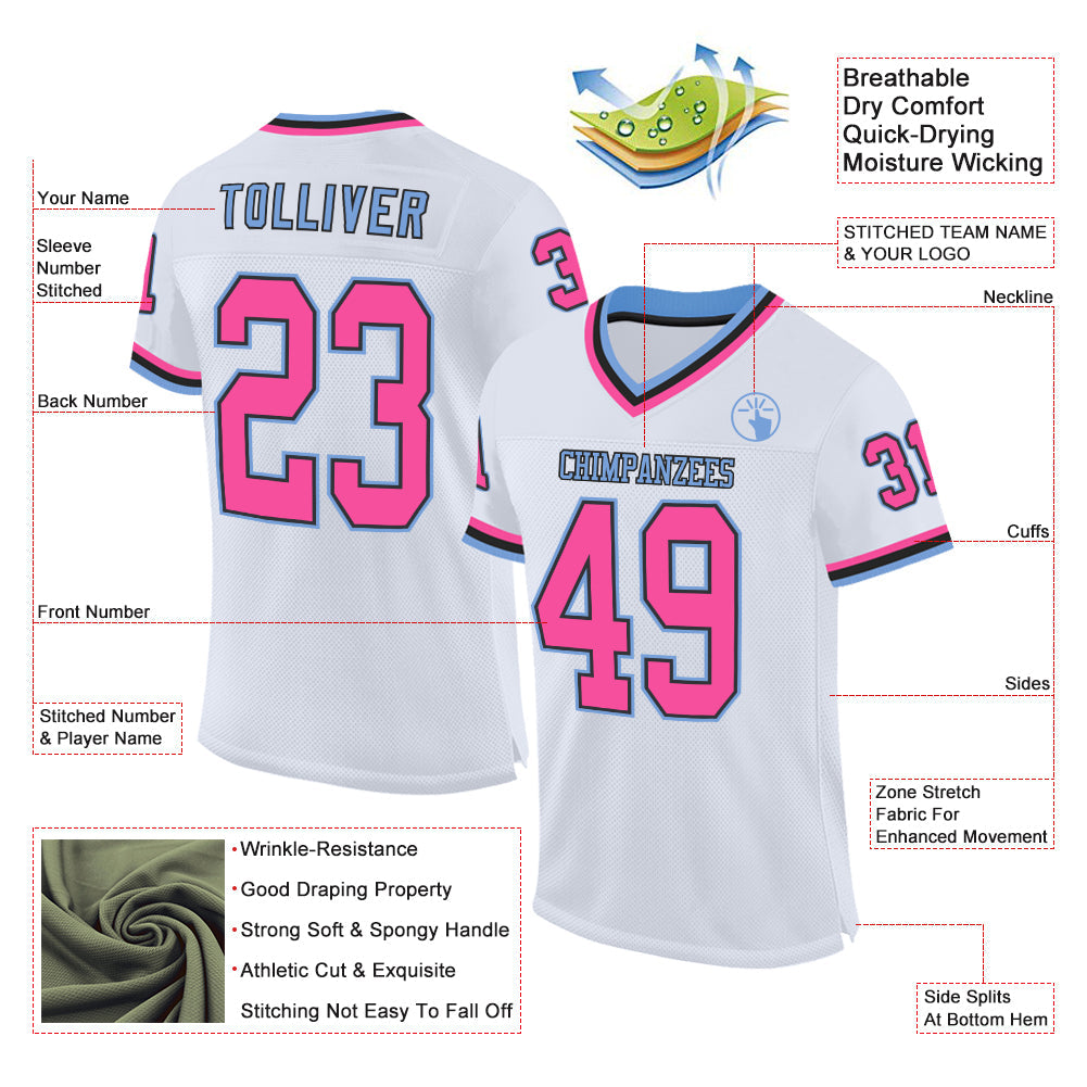 Custom White Pink Black-Light Blue Mesh Authentic Throwback Football Jersey view 2