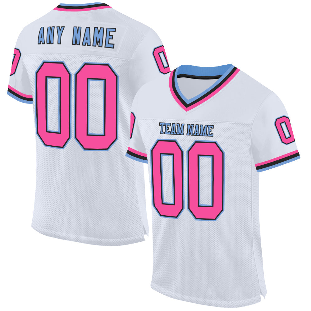 Custom White Pink Black-Light Blue Mesh Authentic Throwback Football Jersey - Main View