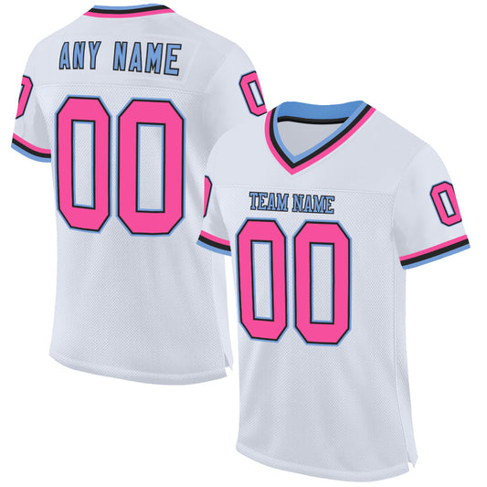 Custom White Pink Black-Light Blue Mesh Authentic Throwback Football Jersey - Main View
