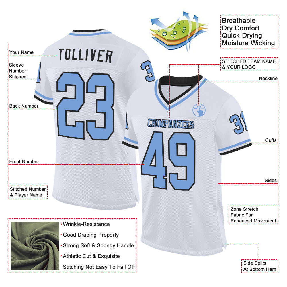 Custom White Light Blue-Black Mesh Authentic Throwback Football Jersey view 2