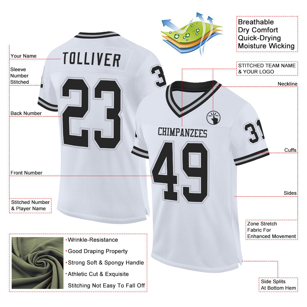 Custom White Black-Gray Mesh Authentic Throwback Football Jersey view 2