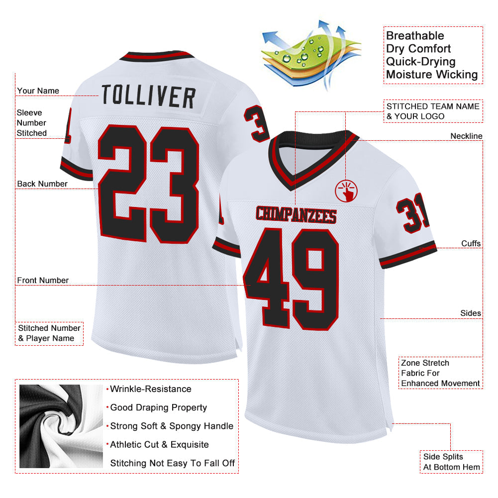 Custom White Black-Red Mesh Authentic Throwback Football Jersey view 2