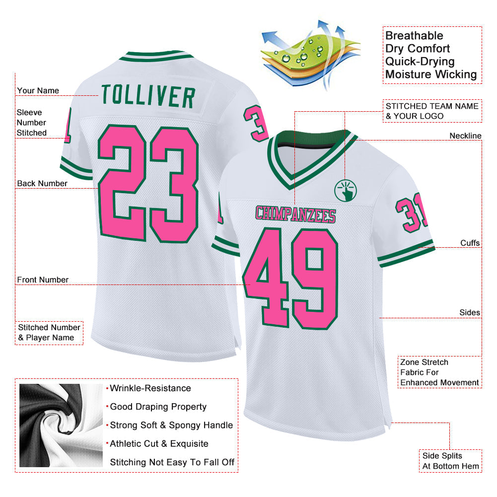 Custom White Pink-Kelly Green Mesh Authentic Throwback Football Jersey view 2