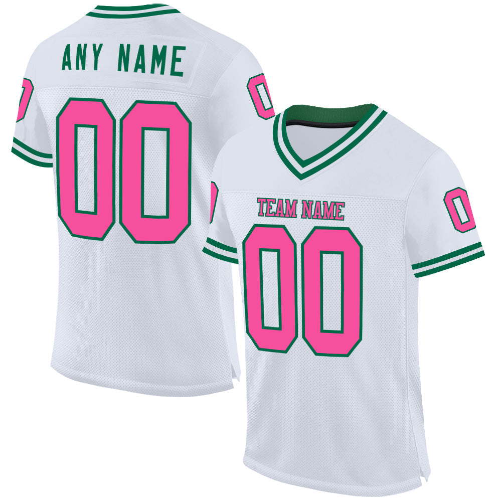 Custom White Pink-Kelly Green Mesh Authentic Throwback Football Jersey - Main View
